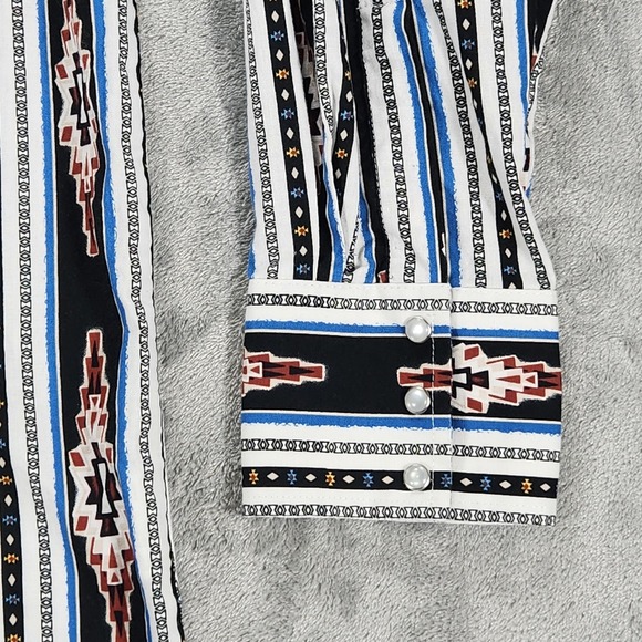 Wrangler Western Shirt Mens XL Black Aztec Stripe Pearl Snap Long Sleeve Cotton - Picture 7 of 14